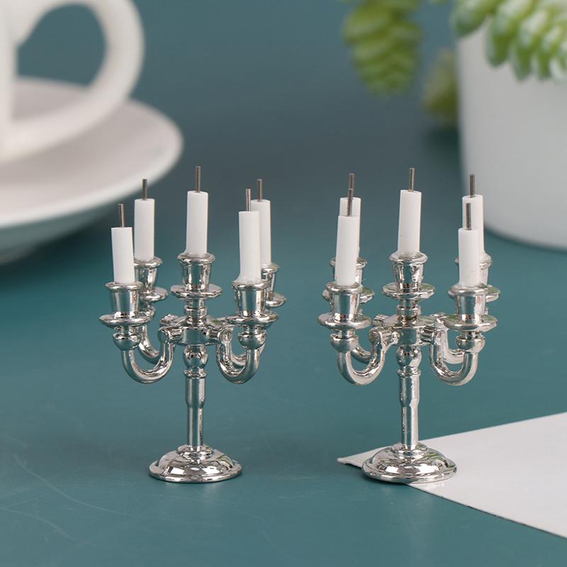 1Pair 1:12 Dollhouse Mini Table Candle Candlestick Christmas Scene Home Ornament Cake Candle Holder Decorating Doll House