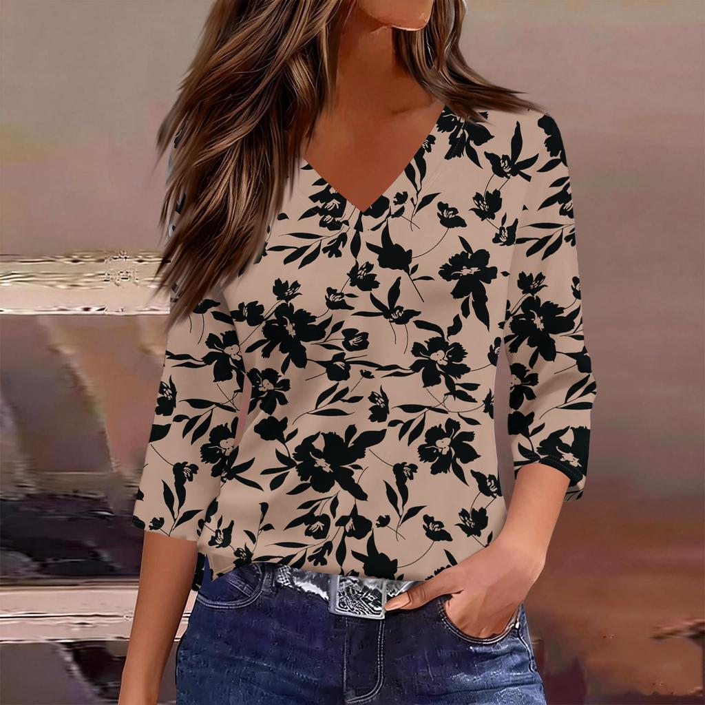 Damen Casual V-Ausschnitt Bluse mit Farbverlauf Blumenprint, geteiltem Saum und 3/4-Ärmeln