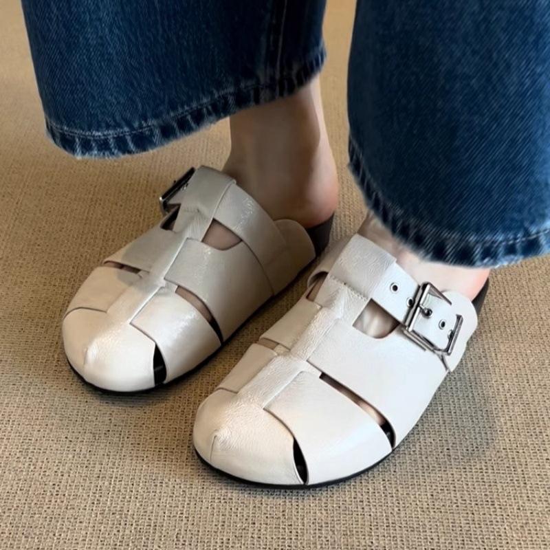 2025 new summer retro hollow woven bag head half slippers fashionable versatile not tired feet thick-soled Roman sandals