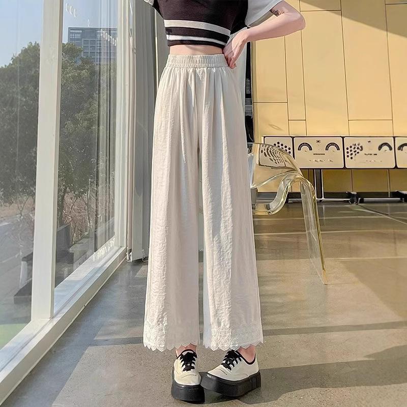 Petite Pink Lace Trim Wide Leg Women's Spring Summer Pants