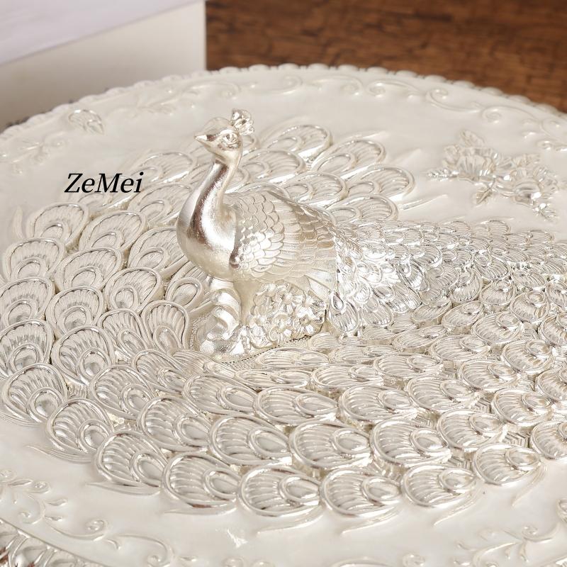 Europäischer Stil Legierung Schmuck Pfau Silber Aufbewahrungsbox, Ohrring Kreis Organizer Glas Süßigkeitenbehälter Schminktisch Dekoration