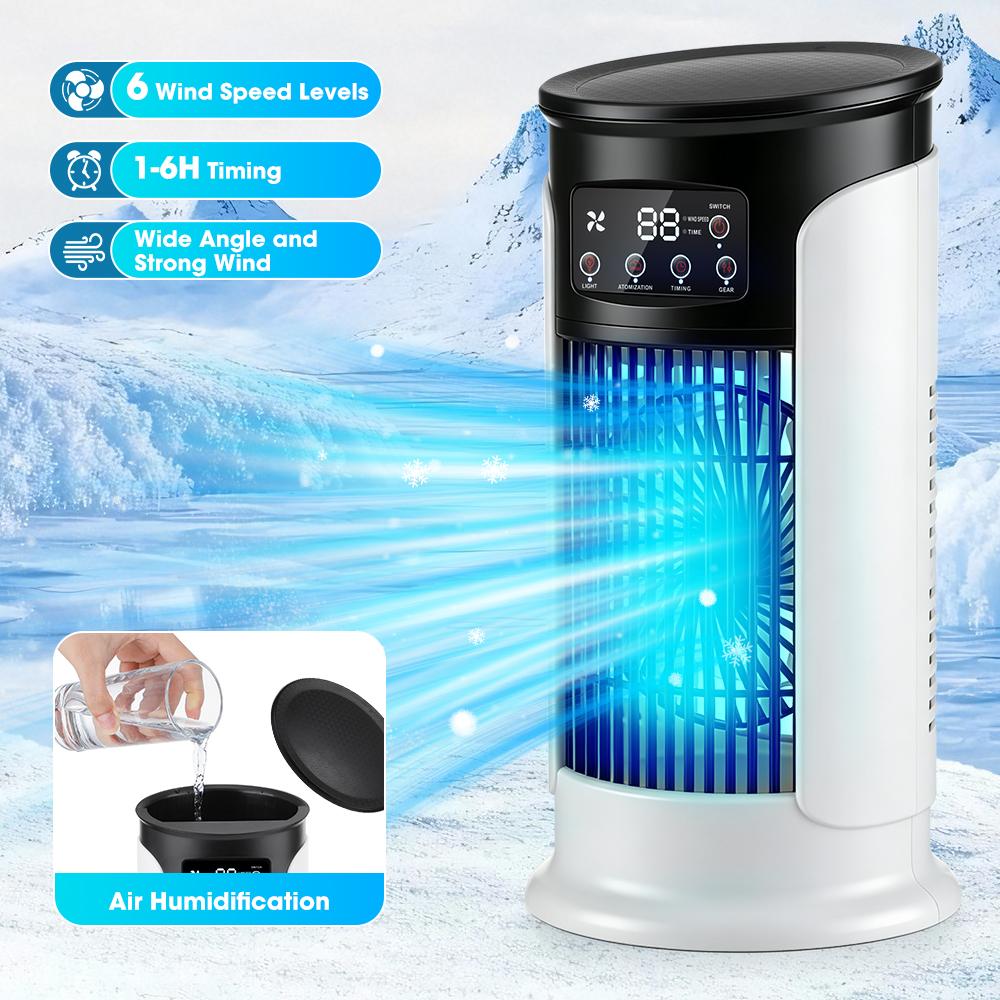 Ventilatore Condizionatore d'Aria 6 Velocità USB Mini Condizionatore Timer Casa Ufficio Raffrescatore d'Aria con Umidificatore Ventilatore da Tavolo Nebulizzatore