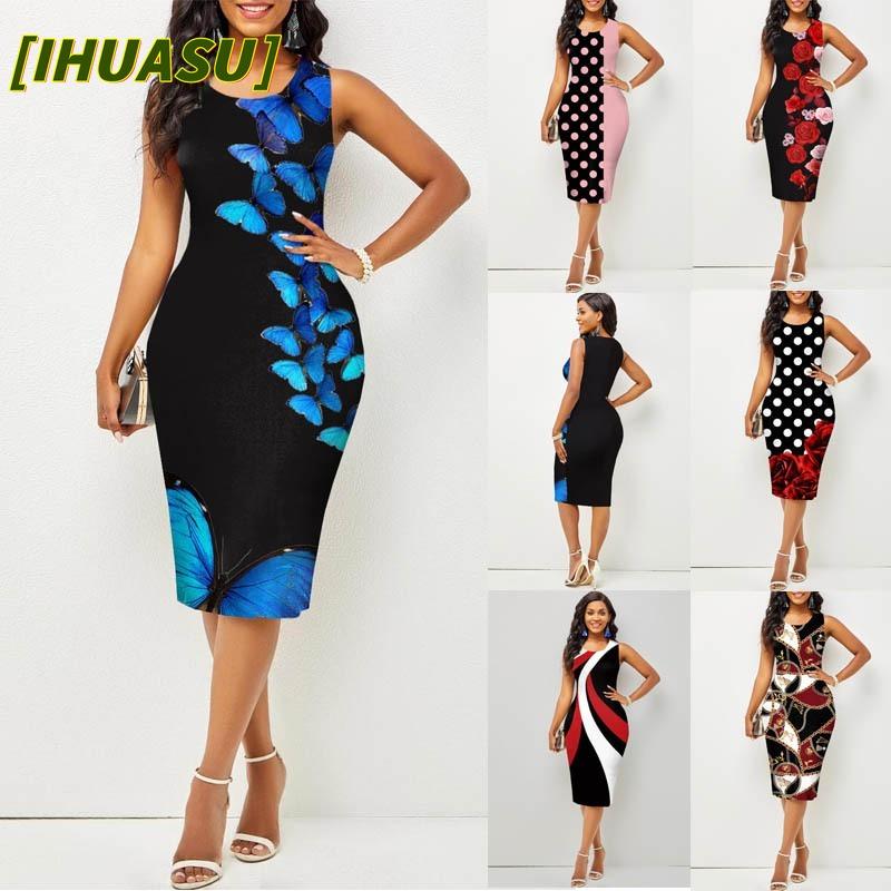 IHUASU Fashion Summer Spring Sleeveless O-Neck Casual Dresses