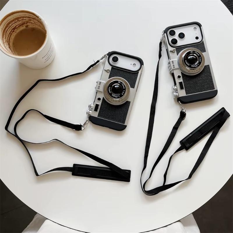 3D Retro Camera Phone Case with Crossbody Lanyard for iPhone 17 16 Pro Max 15 14 13 12 11 XS Max XR X 8 7 Plus SE 2026 Mini