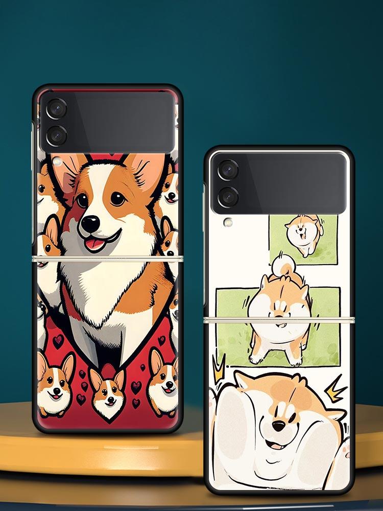 Cute Corgi Dog Hard PC Phone Case For Samsung Galaxy Z Flip 7 6 5 4 Black Cover For Galaxy Z Flip 3 Foldable Fundas Shell Capas