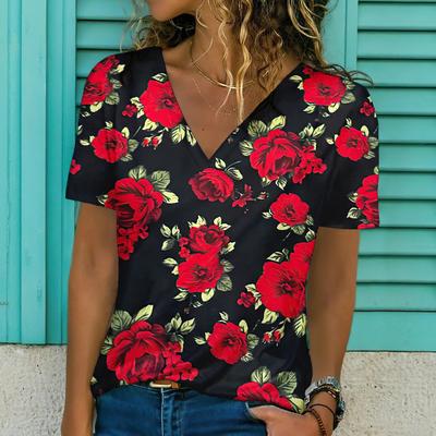 Lässige Schlichte Druck V-Ausschnitt Mode Vielseitige Lockere T-Shirts Damen