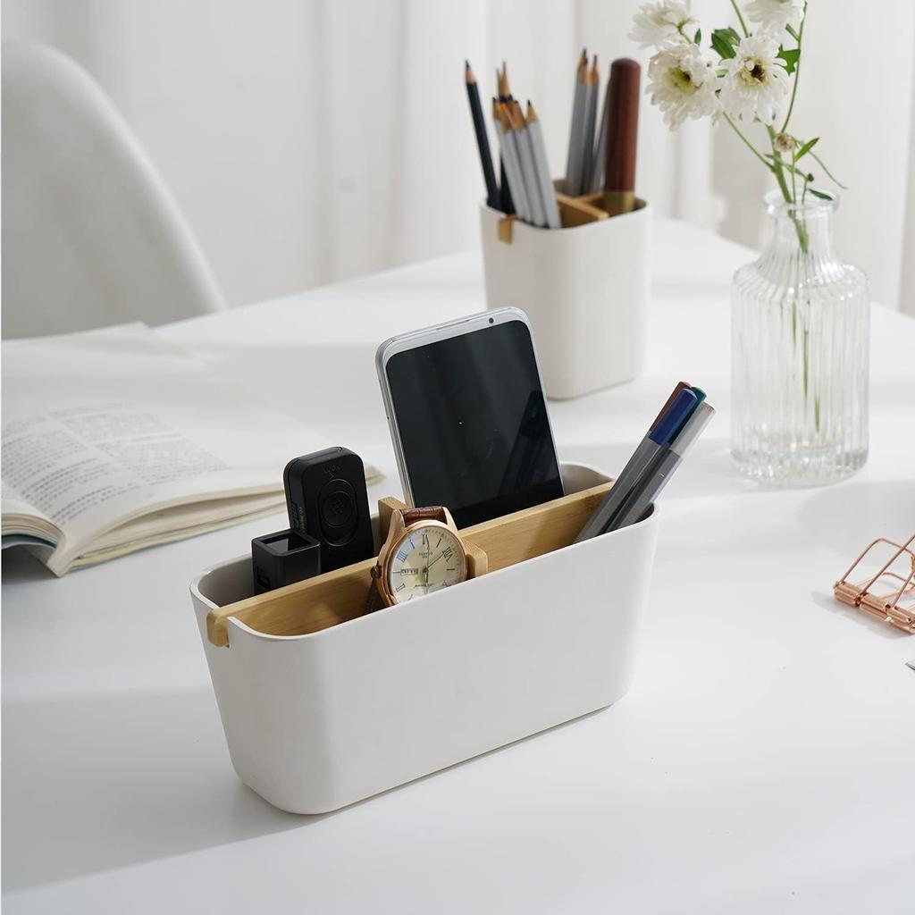 Desk Storage Box, Multifunctional Bamboo Deskstop Organizer with Wooden Partition Remote Control, Holder Pencil, Holder Pen, Vanity Table for Office