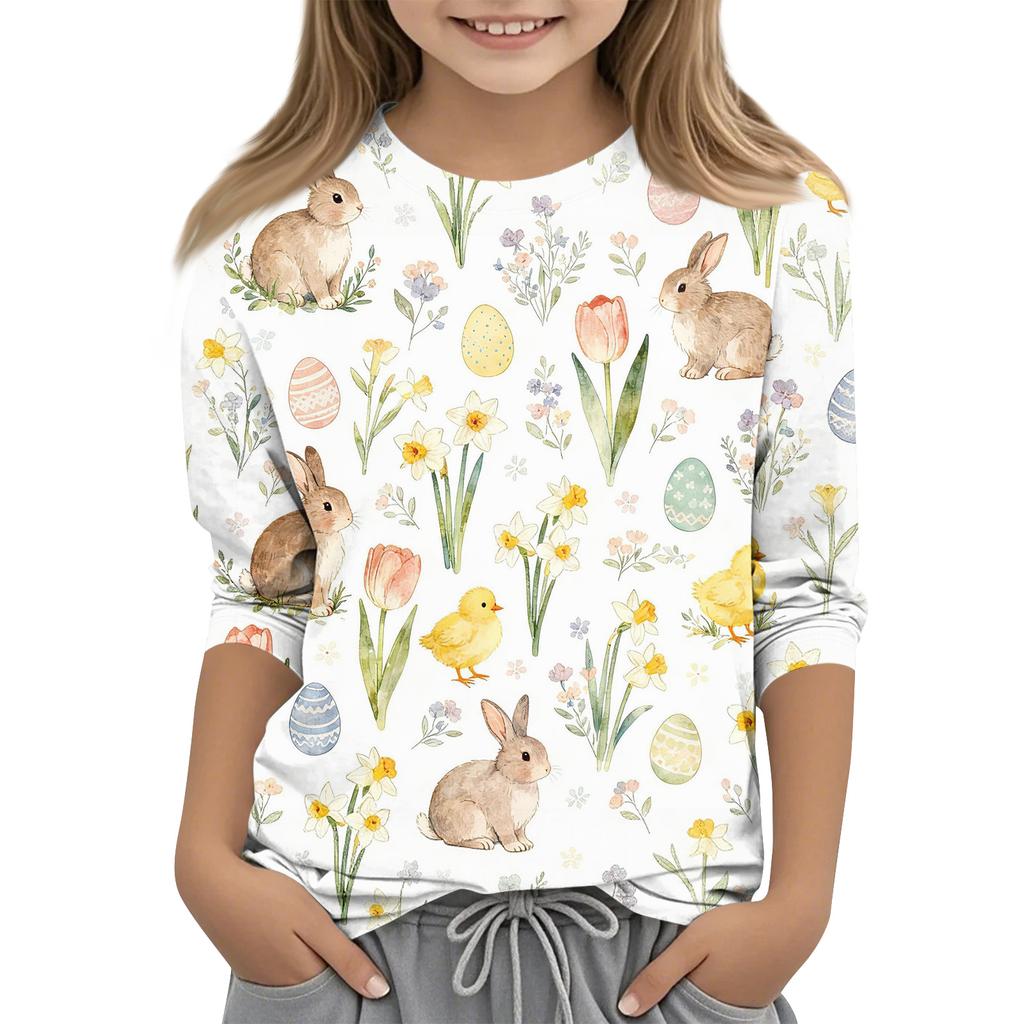 Children's Seven Quarter Sleeve Easter Print Round Neck Print Casual Top