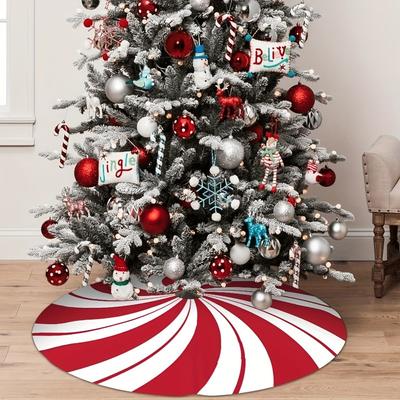 1pc Christmas Tree Skirt Candy Cane Design Single-sided Printing Holiday Party Decor Safety Lanyard Modern and Simple Fabric
