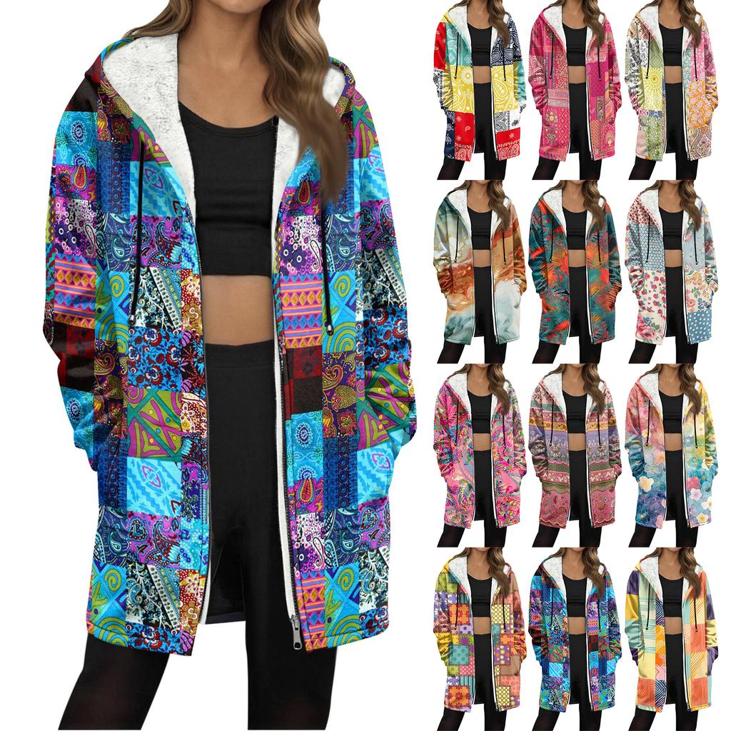 Women's Gradient Print Fashionable Loose Zipper Fleece Hoodie Jacket