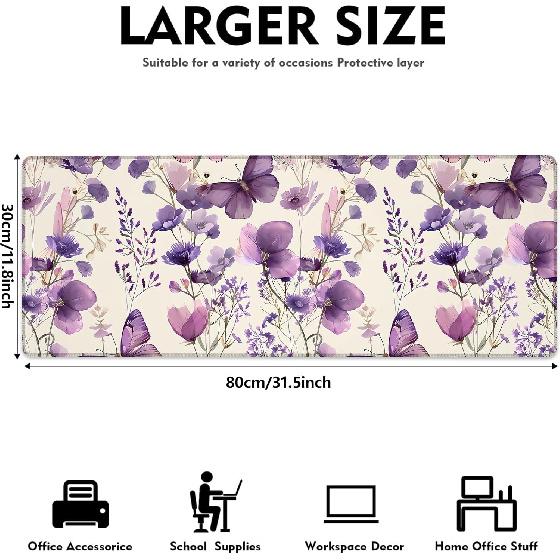 Floral & Butterfly Gaming Mouse Pad, Large Soft Purple Flower Desk Mat for Keyboard Computer Laptop, Non-Slip Rubber Base Extended Desktop Mousepad