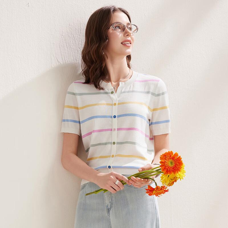 Zhaojun Women's Striped Mulberry Silk Blend Short Sleeve Knit T-Shirt