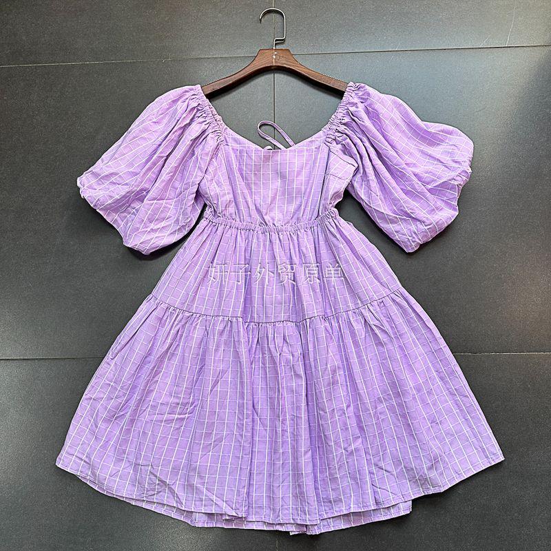 

Yanzi Export Pure Original Light Purple Plaid Square Collar Puff Sleeve Temperament Waist-Controlled Backless Dress A- line Short Skirt Purple Plaid Dress M