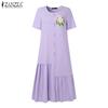 ZANZEA Women Casual Round Neck Short Sleeve Summer Floral Dress