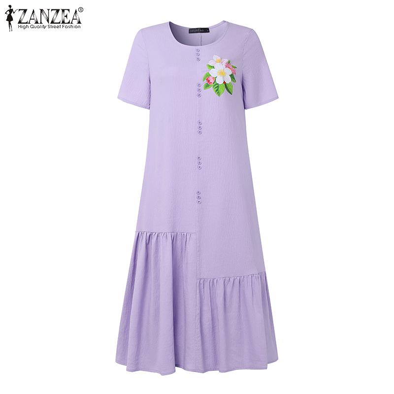 ZANZEA Women Casual Round Neck Short Sleeve Summer Floral Dress