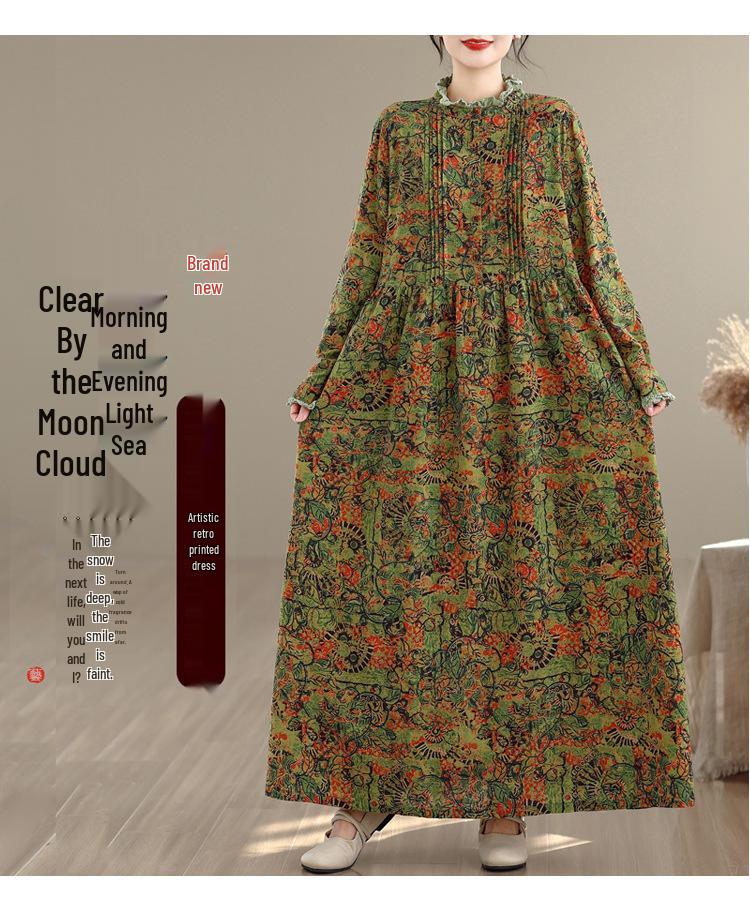 

Vintage Cotton-Linen Pleated Dress with Lace Collar - Women s Long-Sleeve Loose A-Line Skirt Plus Size Free Size