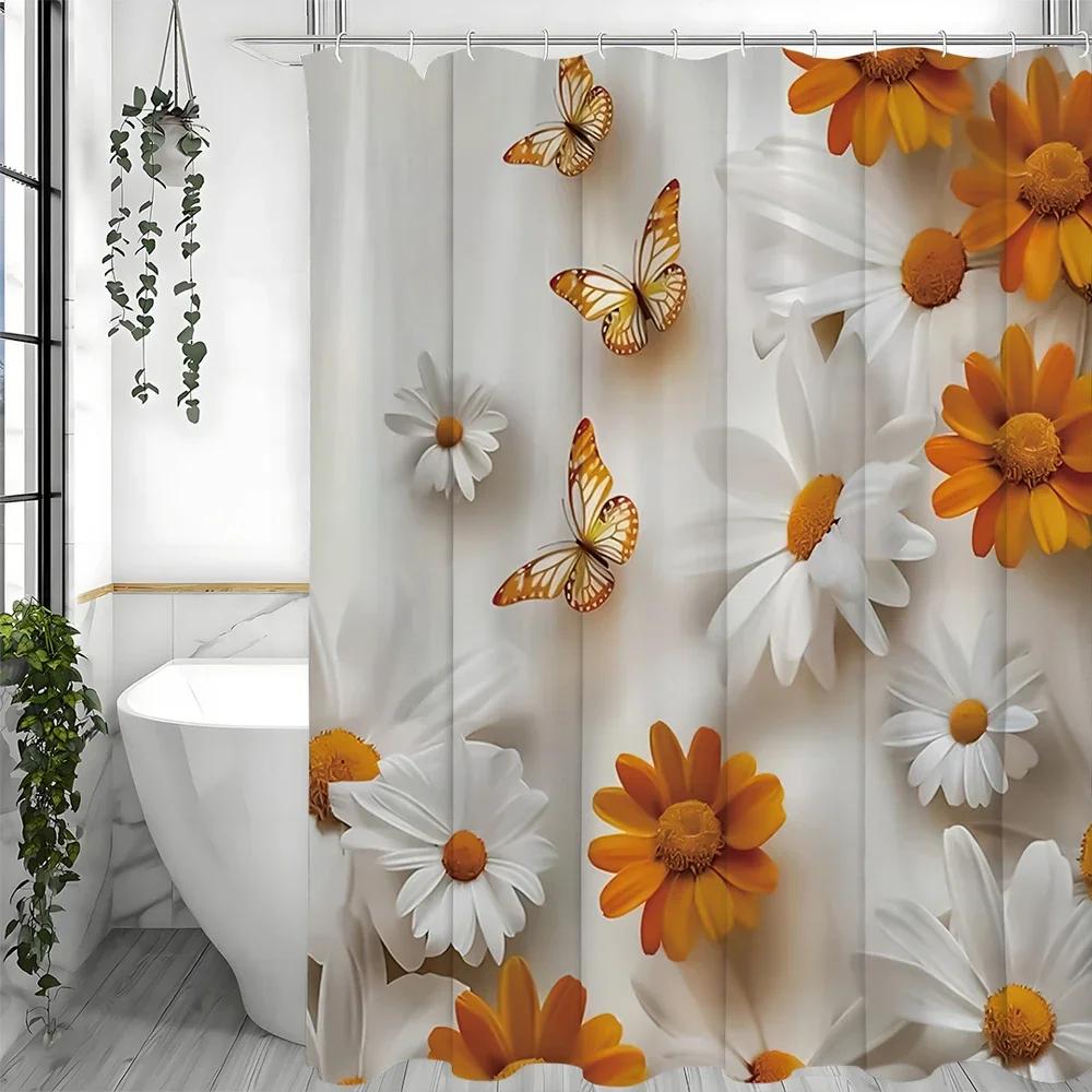 Orange White Floral Butterfly Shower Curtain, Bathroom Decorative Shower Curtain, Waterproof Shower Curtain with Hooks W90xH180cm