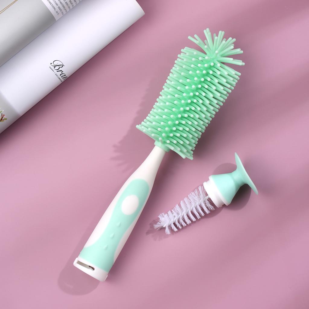 Silicone Bottle Brush Handle Baby Bottle Cleaner 360 Degree Soft for Glass Bottle with Suction Base Detachable Small Brush for Infants