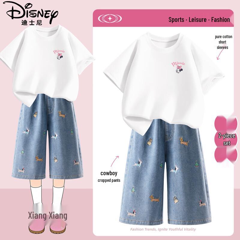 Disney Girls' Cotton Short Sleeve Top & Denim Shorts Set
