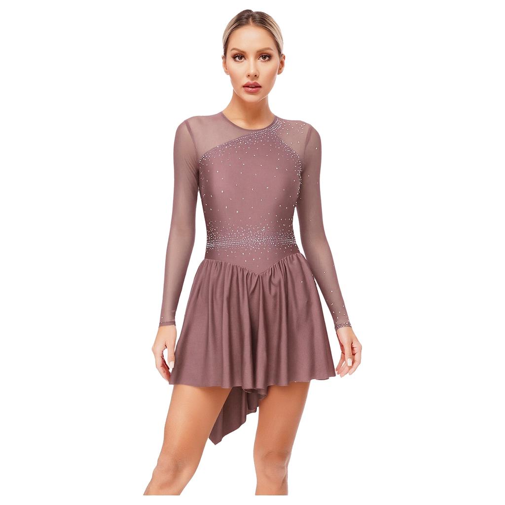 Damen Funkelnde Strasssteine Tanzkleider Cut-out Rücken Kontrastfarbe Netz Langarm Asymmetrischer Saum Kleid