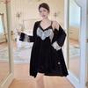 Golden velvet sexy pajamas women's autumn and winter high-end eyelashes lace pure desire wind suspender robe with chest pad loungewear