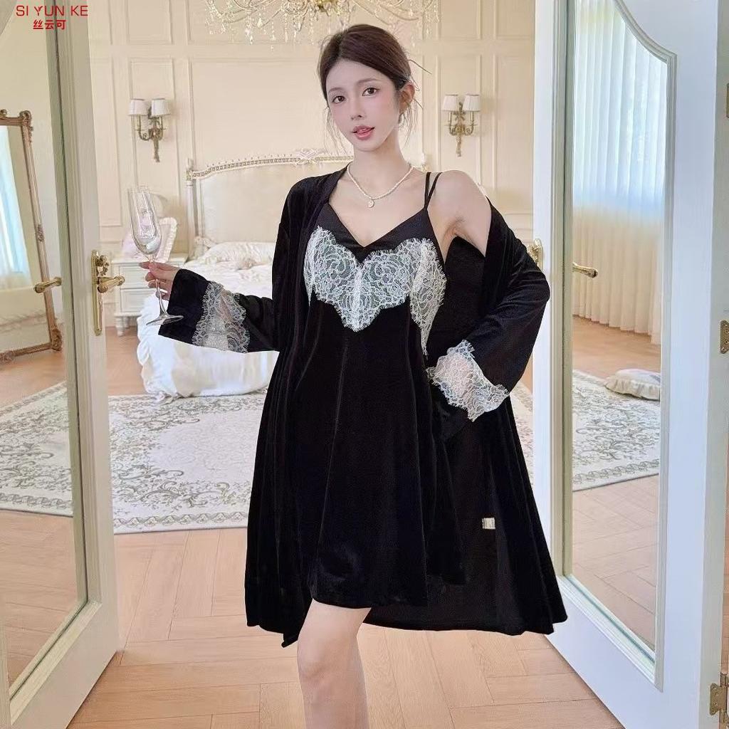 Golden velvet sexy pajamas women's autumn and winter high-end eyelashes lace pure desire wind suspender robe with chest pad loungewear