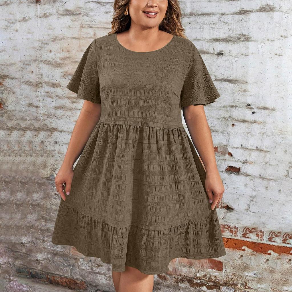Ladies' Large Size Casual And Fashionable Solid Color Dress, Loose Short Sleeved Waist Cinched Dress