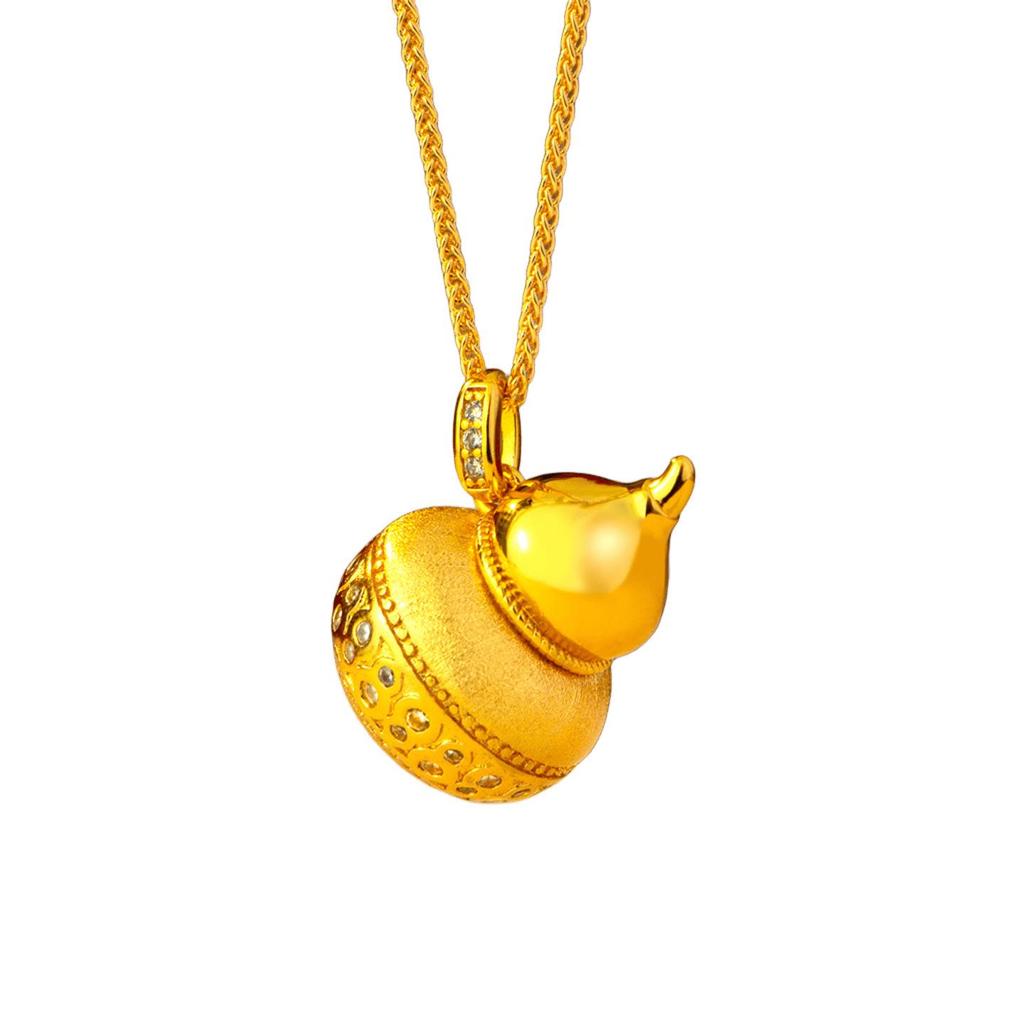 Chinese Style Gold-Toned Diamond Gourd Pendant Necklace for Women