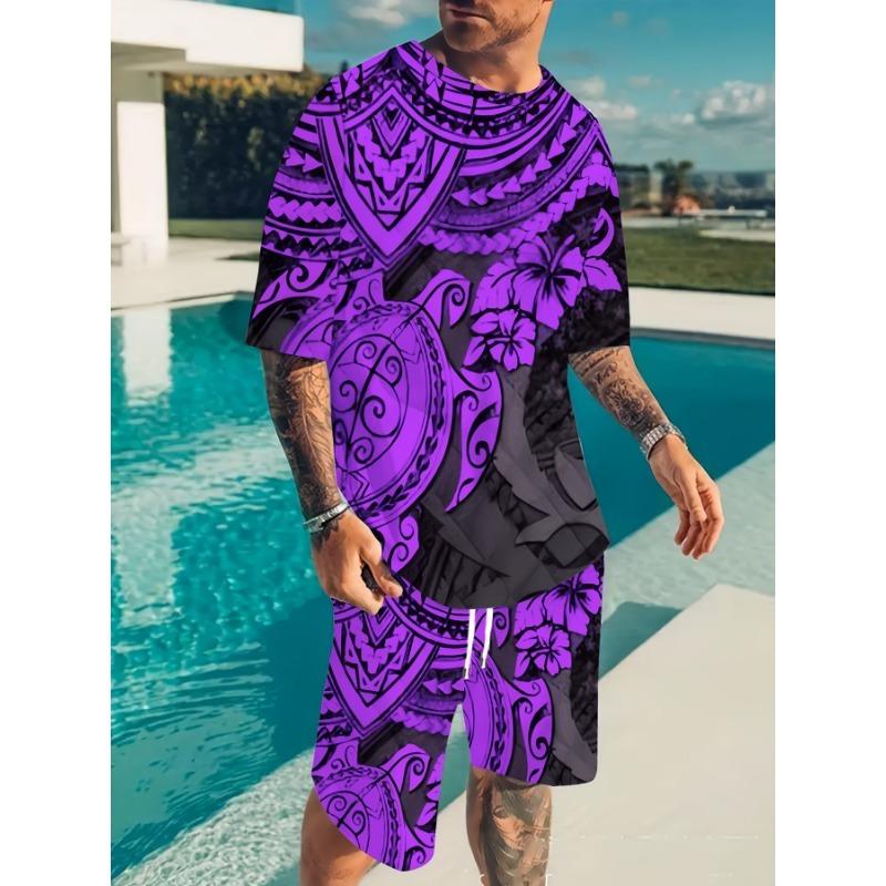 Men s Fashionable Boho Suit: Bold Geometric Totem Top and Shorts. Loose Fit Casual Two Piece Outfit for Daily Lounge Wear S фиолетовый