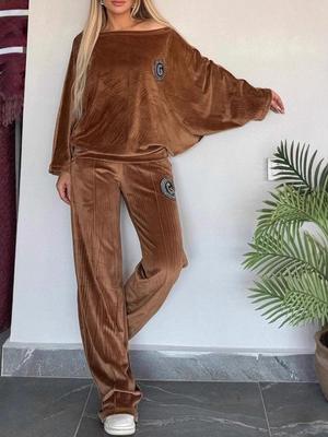 2024 Trendy Women's Gold Velvet Batwing Sleeve Two-Piece Set - Autumn/Spring