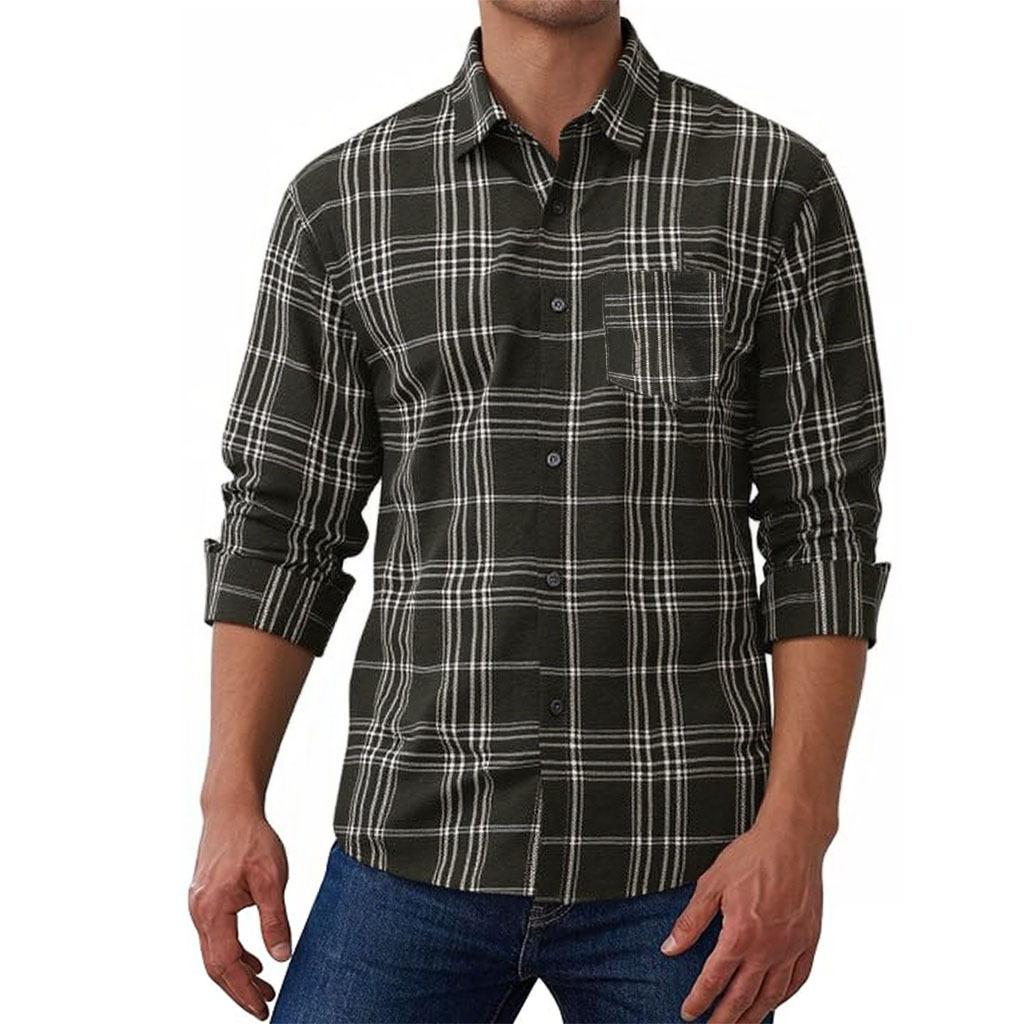Thickened Long-sleeved Men's Lapel Shirt American Casual Loose Plaid Neutral Jacket