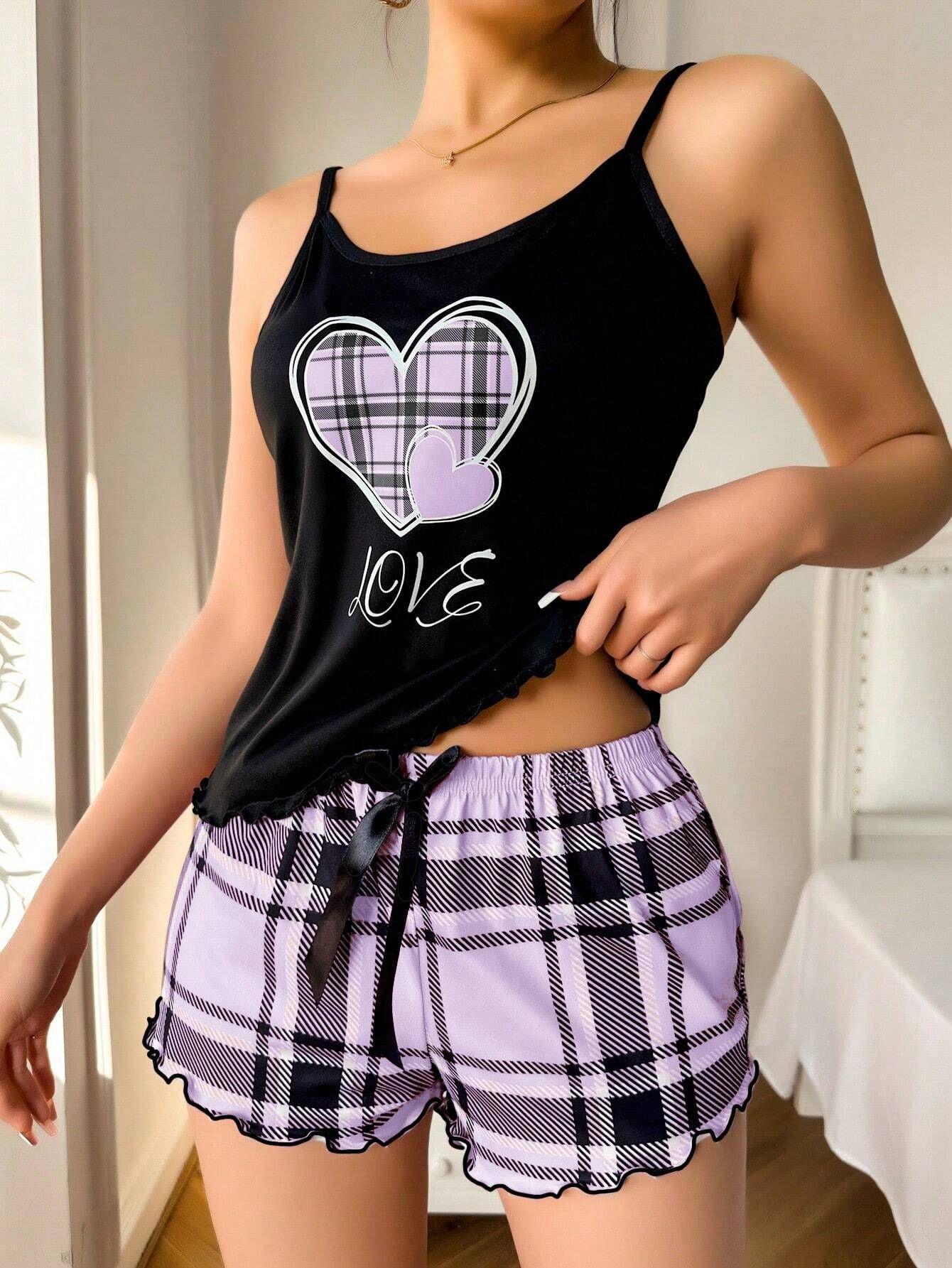 

European and American Style Women’s Summer Sexy Cami Top and Shorts Pajama Set Lightweight Milk Silk Printed 2 Piece Loungewear XL фіолетовий