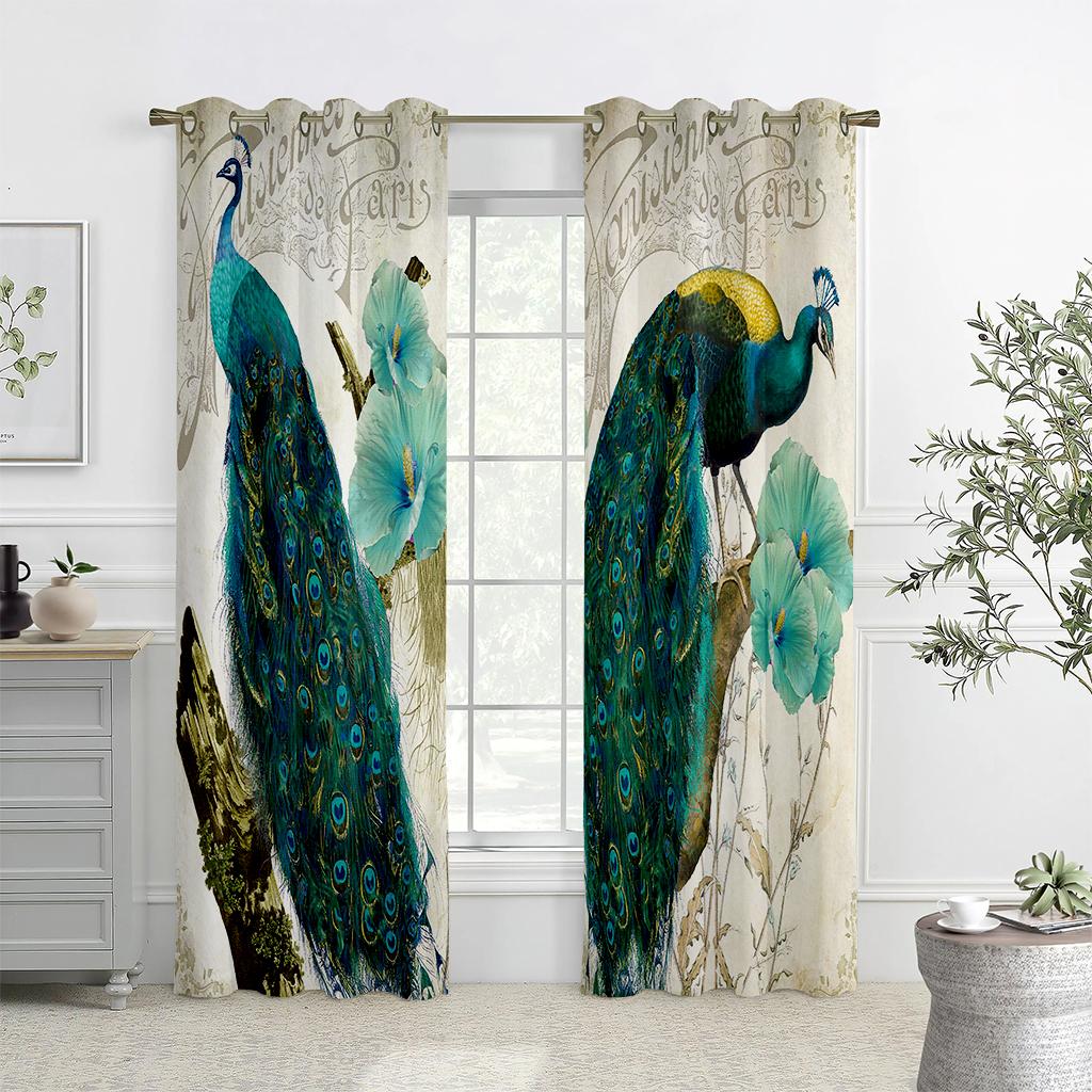 Retro Grüne Pfauenmuster Vorhänge, Chinesischer Stil Dekorative Maßanfertigung Vorhänge, Geeignet für Wohnzimmer, Schlafzimmer und Küche 2 Stück
