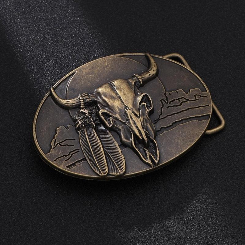 Vintage Engraved Cow Head Buckle for Jeans Pants Waistbelt Metal Clasp Buckle for Teens Boy Men Western Oval Belt Buckle