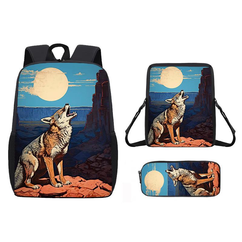 Zaino Stampato con Animale Lupo da 17 Pollici Zaino per Studenti Maschi e Femmine Zaino Scolastico per Bambini Set da Tre Pezzi