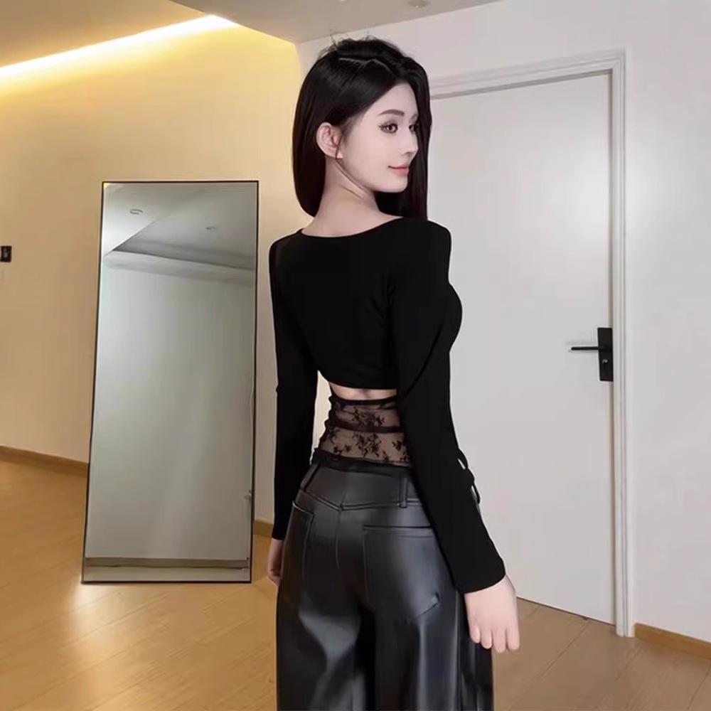 

Spicy Girl Backless Mesh Patchwork Long Sleeve Tee - Women s Spring Slim Fit Sexy Top Large чорний