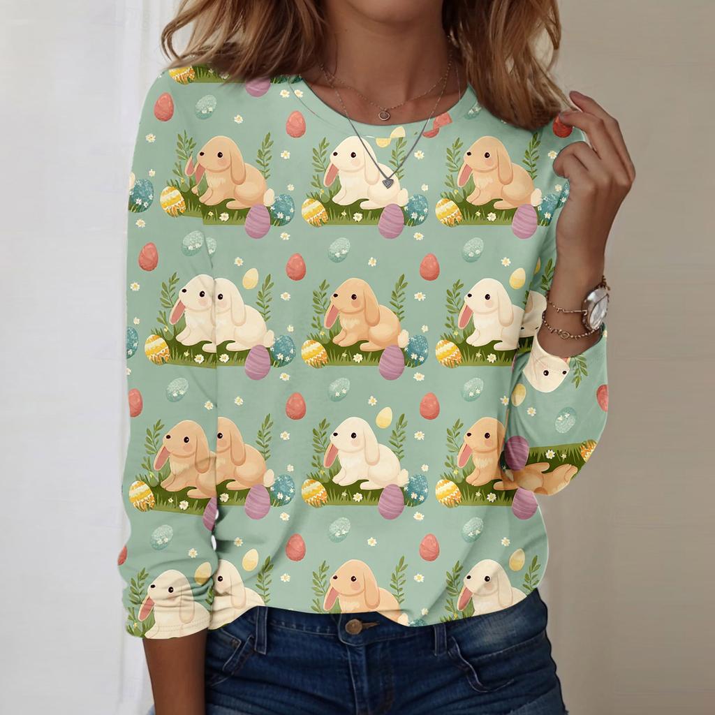 Women's Daily Casual Long Sleeved Easter Printed Round Neck Top