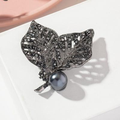 Broche vintage con lazo de aleación de perla negra y diamantes de imitación para mujer, accesorio de ropa