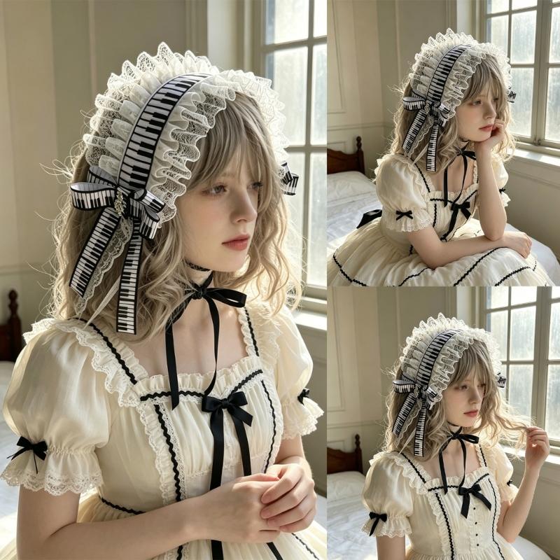 Fashion Lolitas Headbands Soft Durability Lolitas Lace Bows Hair Band With Music Notes for Costume Event