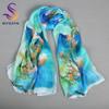 [BYSIFA] Blue 100% Silk Scarf Shawl Fashion Floral Design Long Scarves Women Summer Utralong Beach Shawl Winter Scarves180*110cm