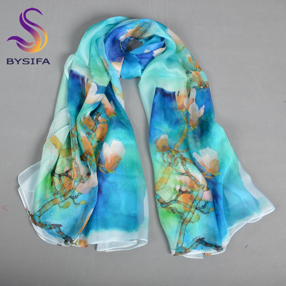 [BYSIFA] Blue 100% Silk Scarf Shawl Fashion Floral Design Long Scarves Women Summer Utralong Beach Shawl Winter Scarves180*110cm