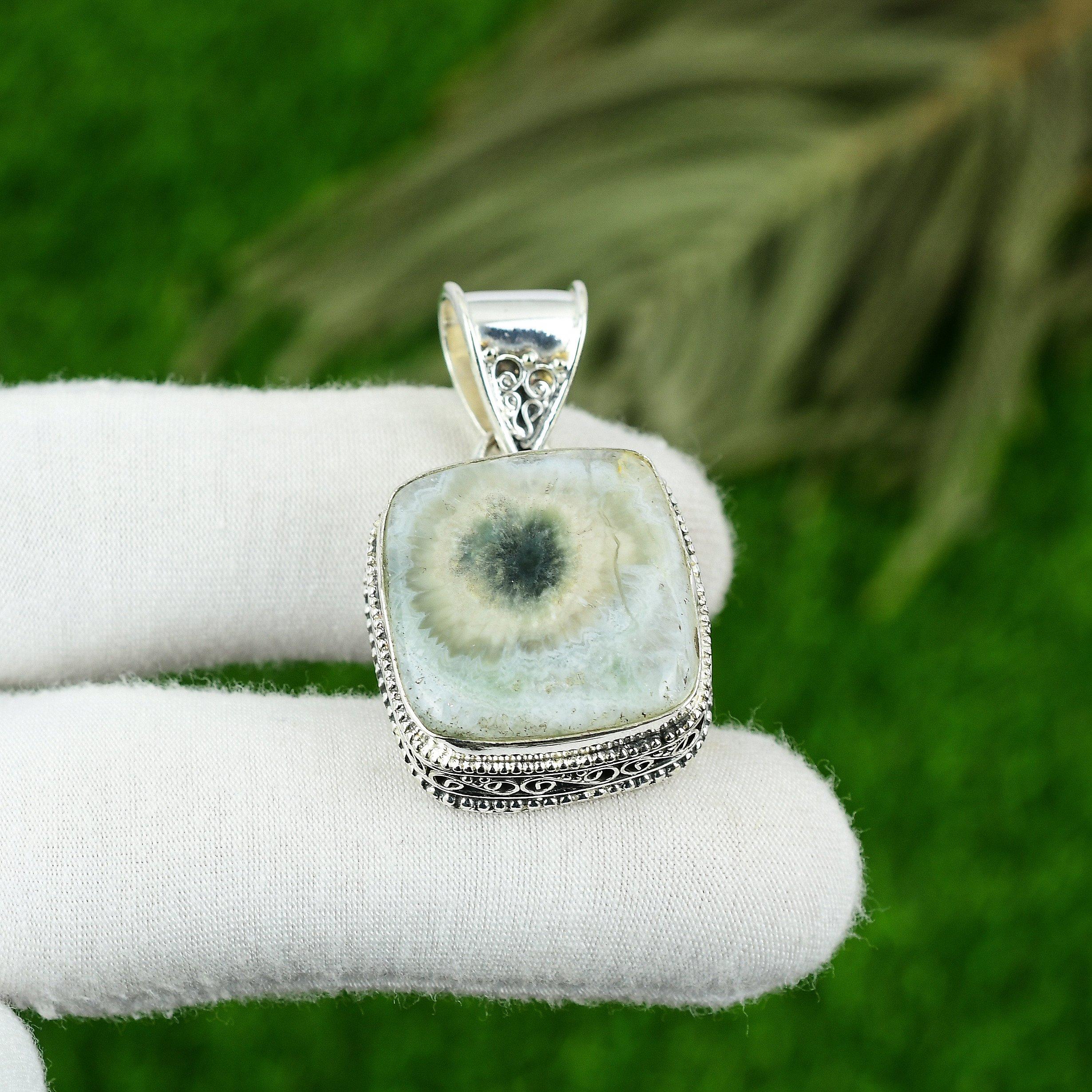 

925 Sterling Silver Cushion Solar Moss Opal Stone Artisan Vintage Mother Pendant