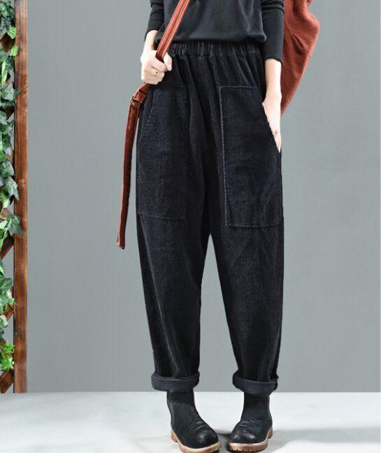 Retro Artistic Style Personality Pocket Corduroy Versatile Casual Harem Trousers for Women