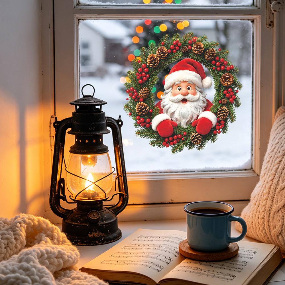 Cartoon Santa Ornament Wreath for Balcony Glass Window Home Decoration and Beautification Window Stickers