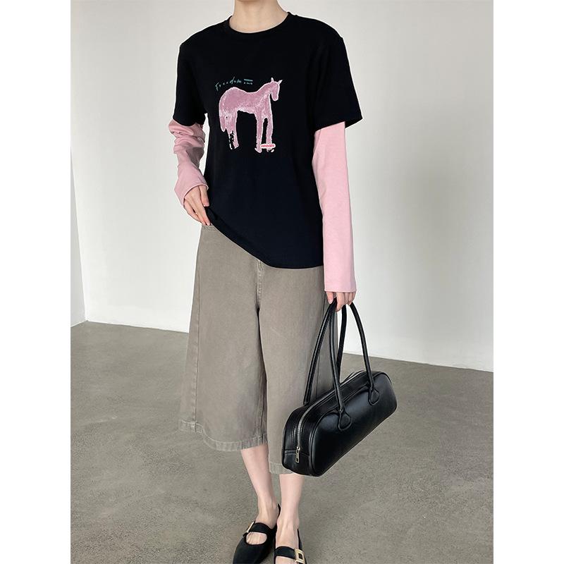 Taoguan Frühling Damen Schlankmachendes Rundhals-T-Shirt mit kleinem Pferdeaufdruck Two-in-One