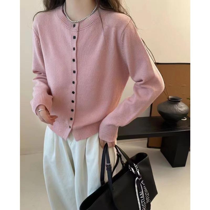 Simple Temperament Round Neck Single-breasted Knitted Cardigan Women's Soft Waxy Skin-friendly Long-sleeved Versatile Knitted Cardigan