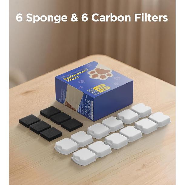 Cat Water Fountain Filter Replacement: 6Pack Pet Fountain Filters of 6 Carbon Filters & 6 Sponges - Use for HOOISE 74oz Automatic Pet Fountain Cat