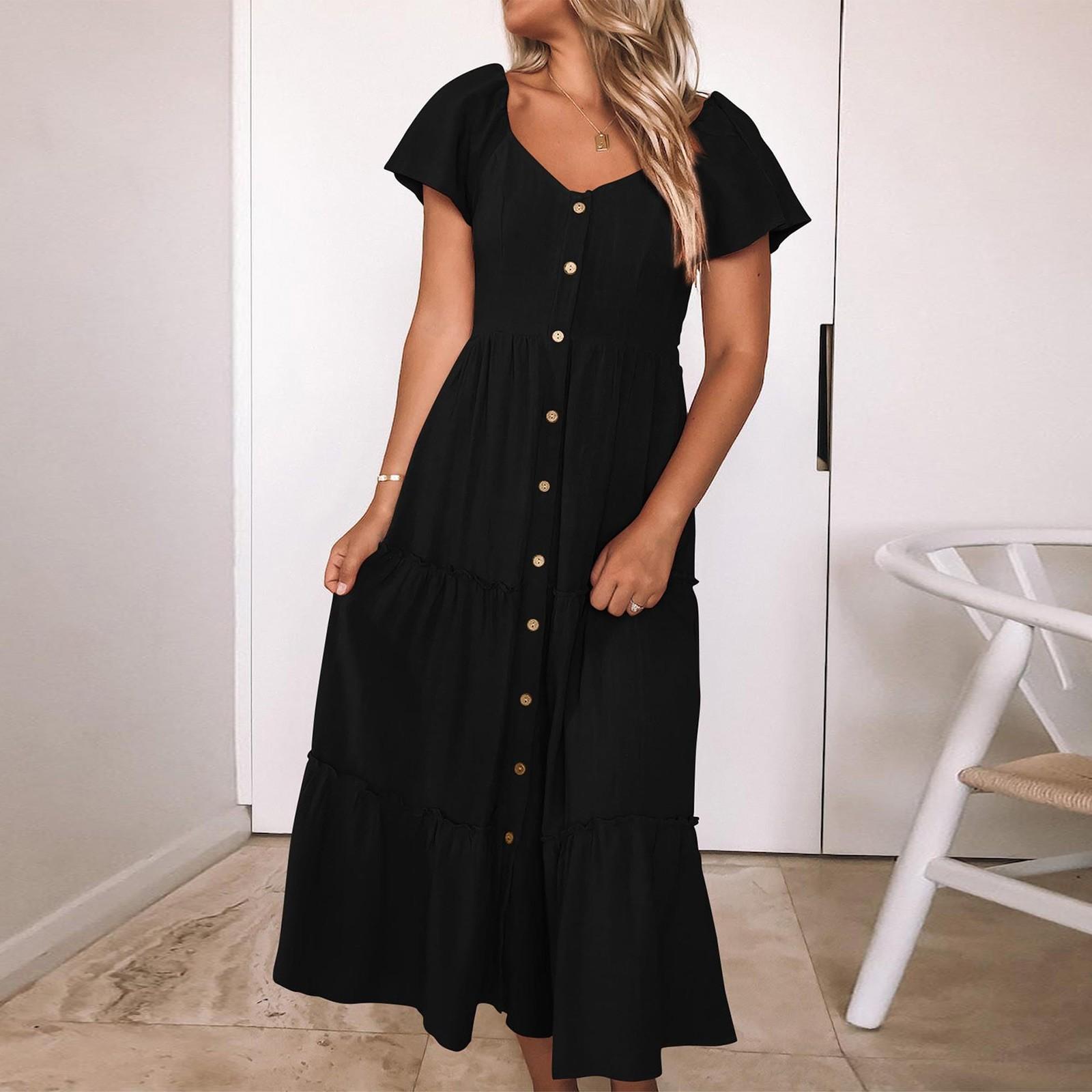 

Color Button Casual Temperament Versatile Short Sleeved U-neck Dress S чёрный