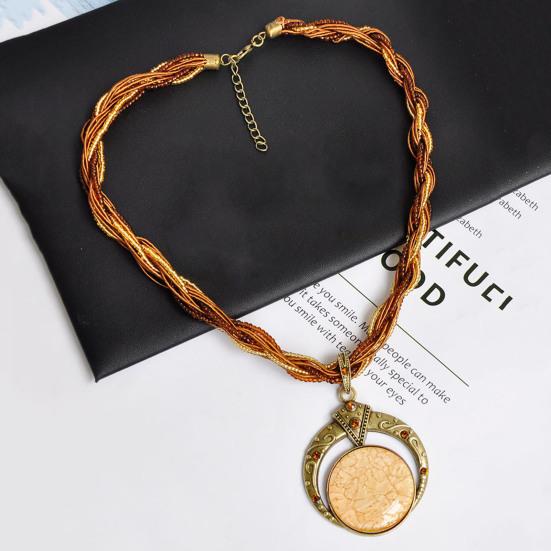 Round Unique Carved Bohemian Vintage Necklace Lady Multilayer Beads Chain Pendant Necklace