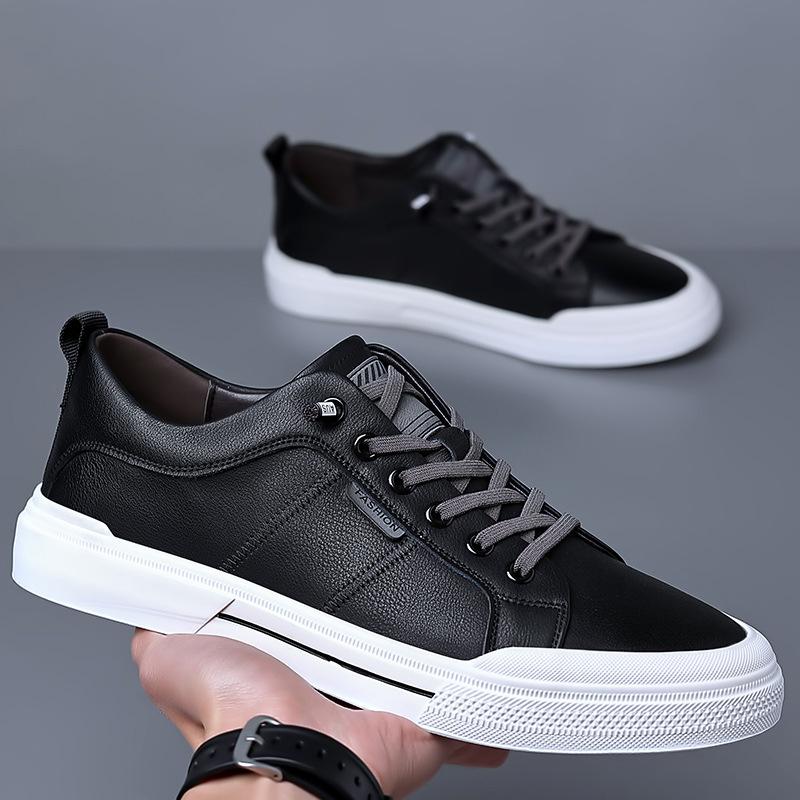 Casual Leather Shoes Men's Spring and Autumn Cowhide Youth Board Shoes Elastic Lace-up Sports Casual Shoes Men's Trendy Shoes